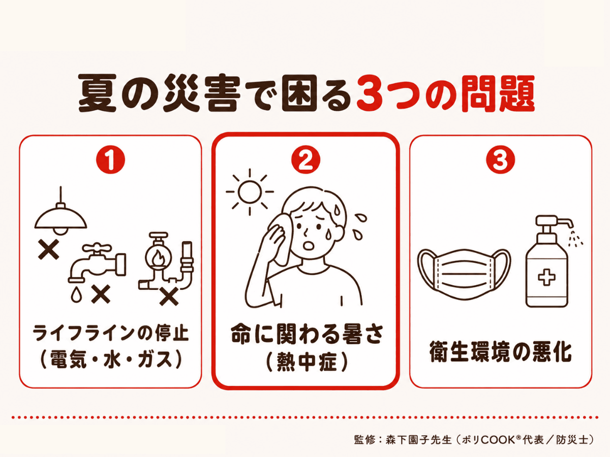 夏の災害で困る3つの問題(ライフラインの停止・命に関わる暑さ・衛生環境の悪化)