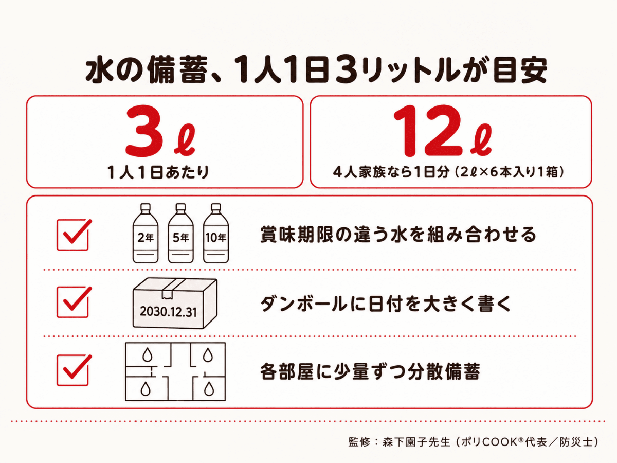 水の備蓄、1人1日3リットルが目安。賞味期限の違う水の組み合わせ方