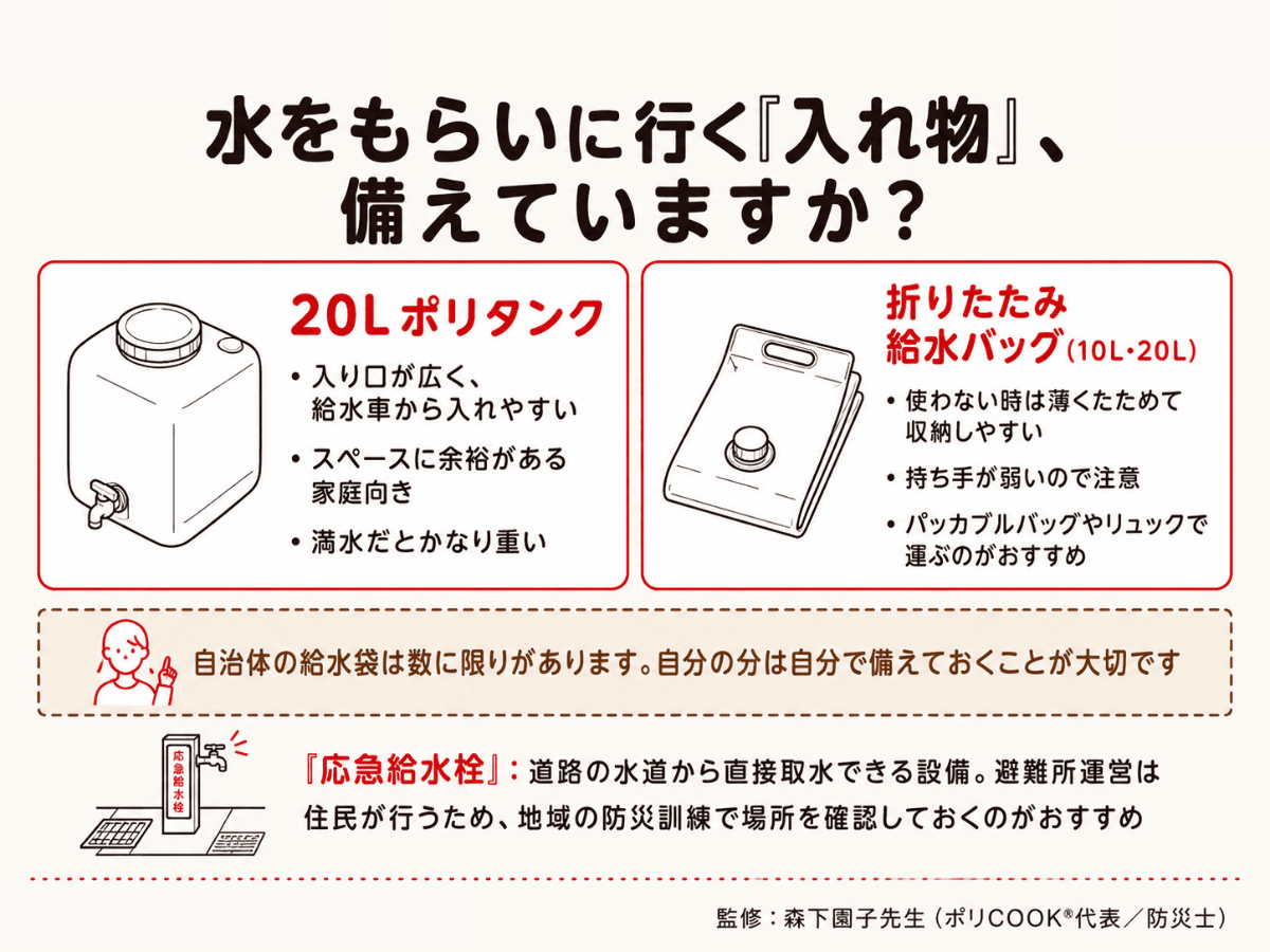 水をもらいに行く入れ物、20Lポリタンクと折りたたみ給水バッグの比較