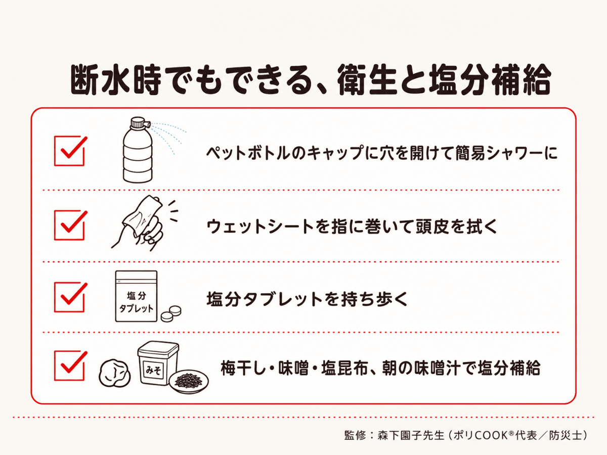 断水時でもできる衛生と塩分補給のチェックリスト