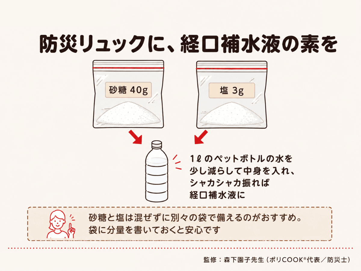 防災リュックに入れる経口補水液の素、砂糖と塩を別々の袋に小分けするアイデア